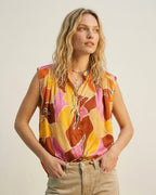 Tropical Print Button-Front Sleeveless Blouse in Orange Warm Tones