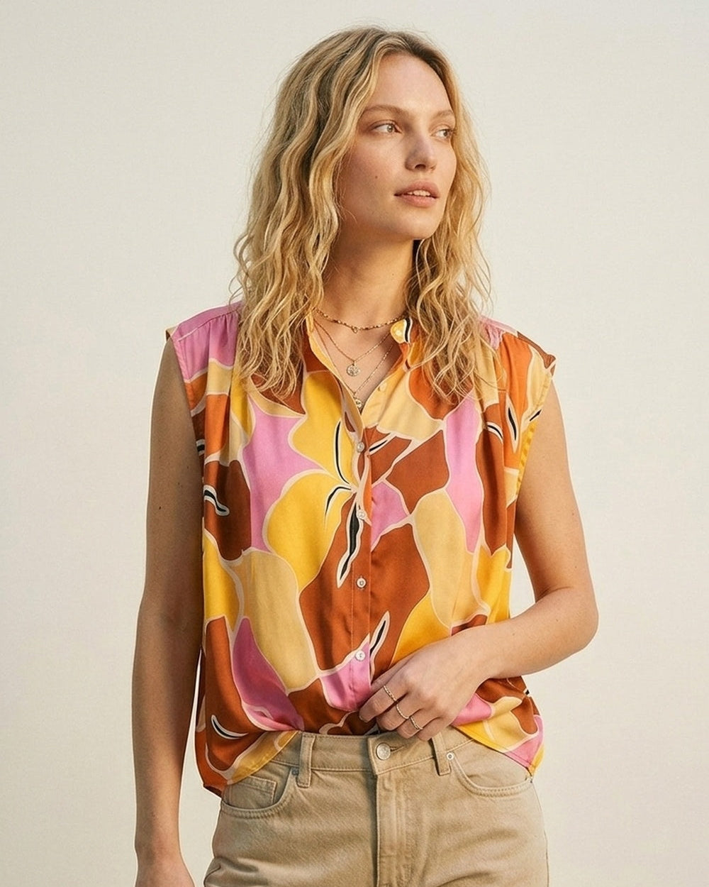 Tropical Print Button-Front Sleeveless Blouse in Orange Warm Tones