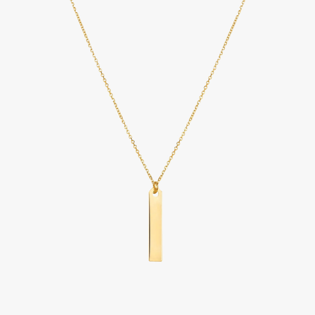 14K Yellow Gold Engravable Personalized Vertical Bar Pendant Necklace Polished Shiny on Cable Chain