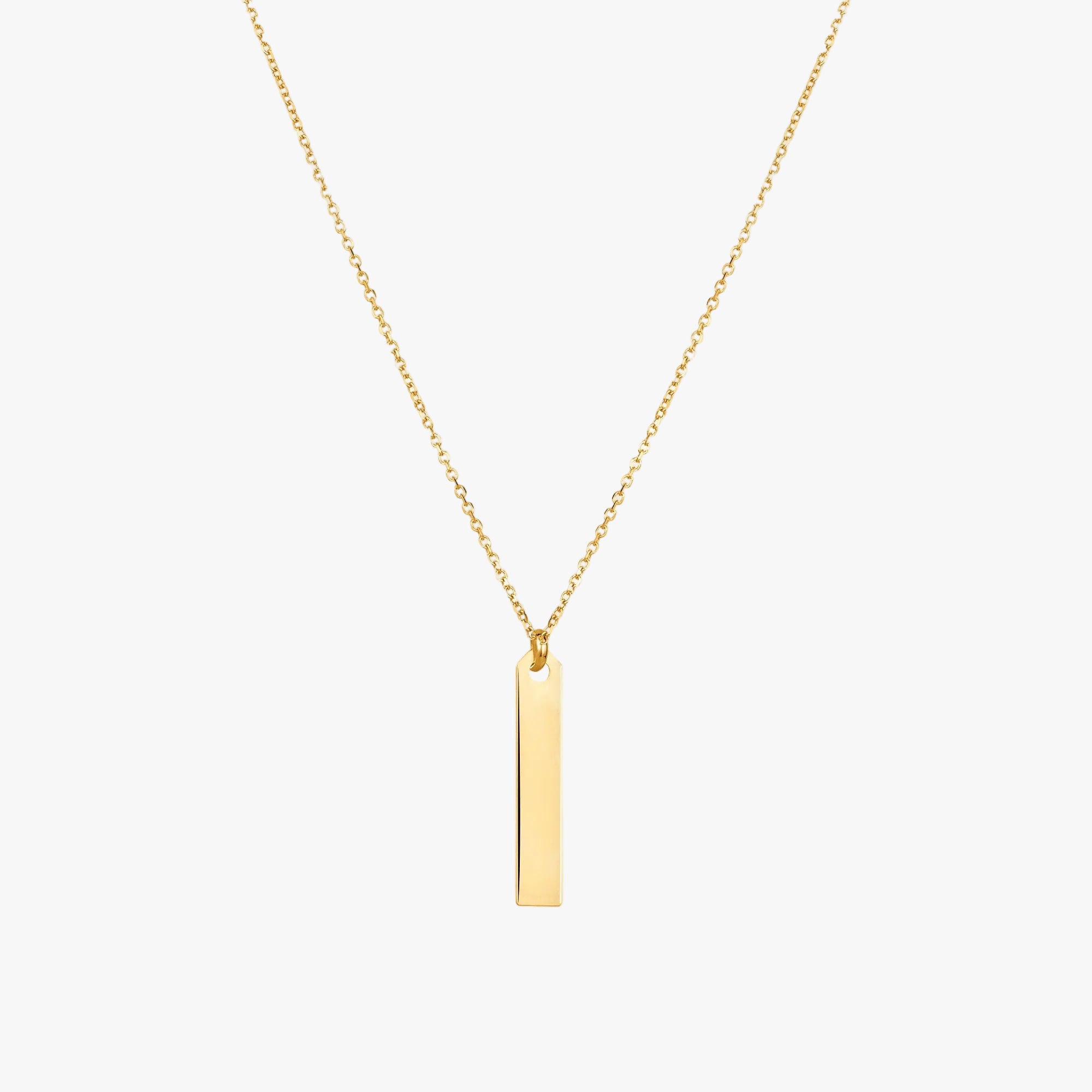 14K Yellow Gold Engravable Personalized Vertical Bar Pendant Necklace Polished Shiny on Cable Chain