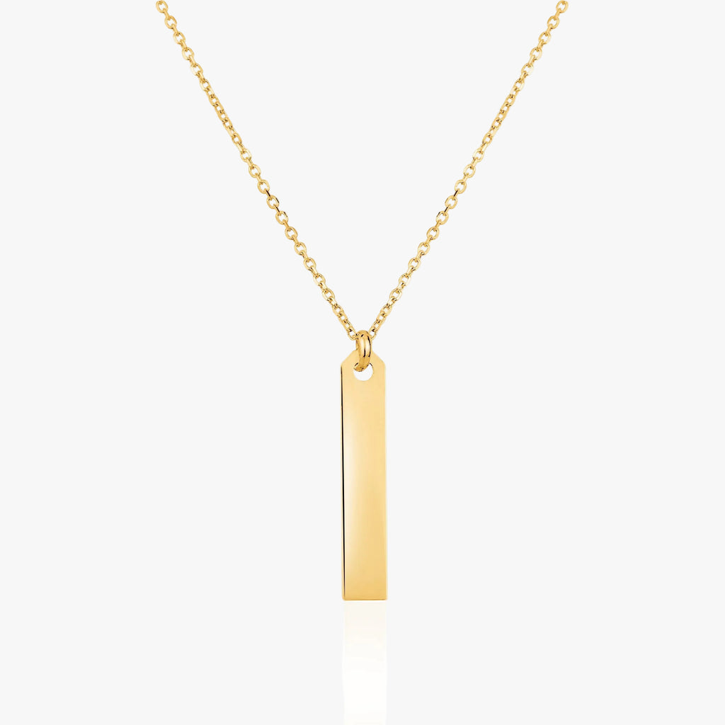 14K Yellow Gold Engravable Personalized Vertical Bar Pendant Necklace Polished Shiny on Cable Chain