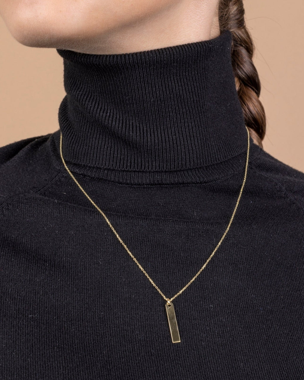 14K Yellow Gold Engravable Personalized Vertical Bar Pendant Necklace Polished Shiny on Cable Chain