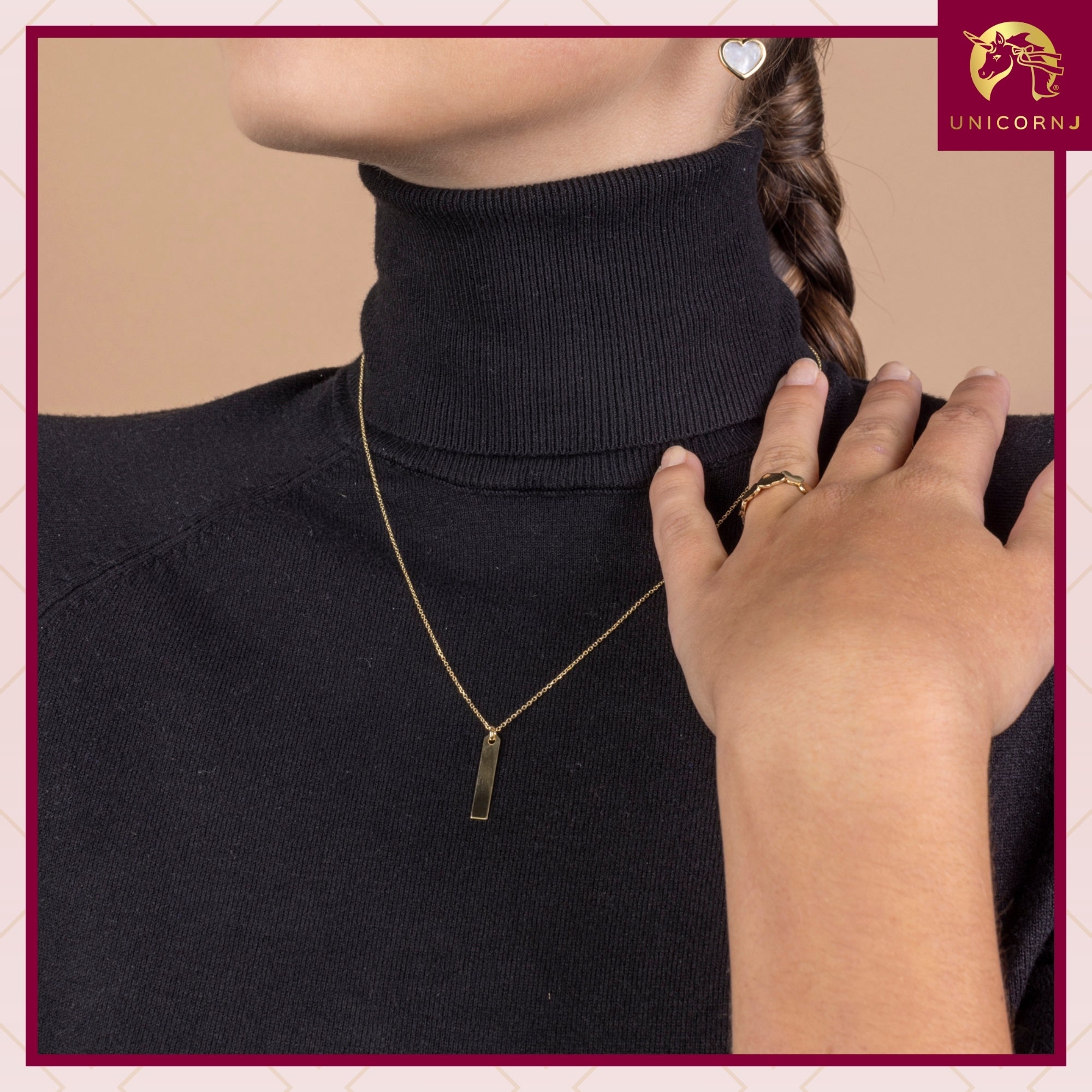 14K Yellow Gold Engravable Personalized Vertical Bar Pendant Necklace Polished Shiny on Cable Chain
