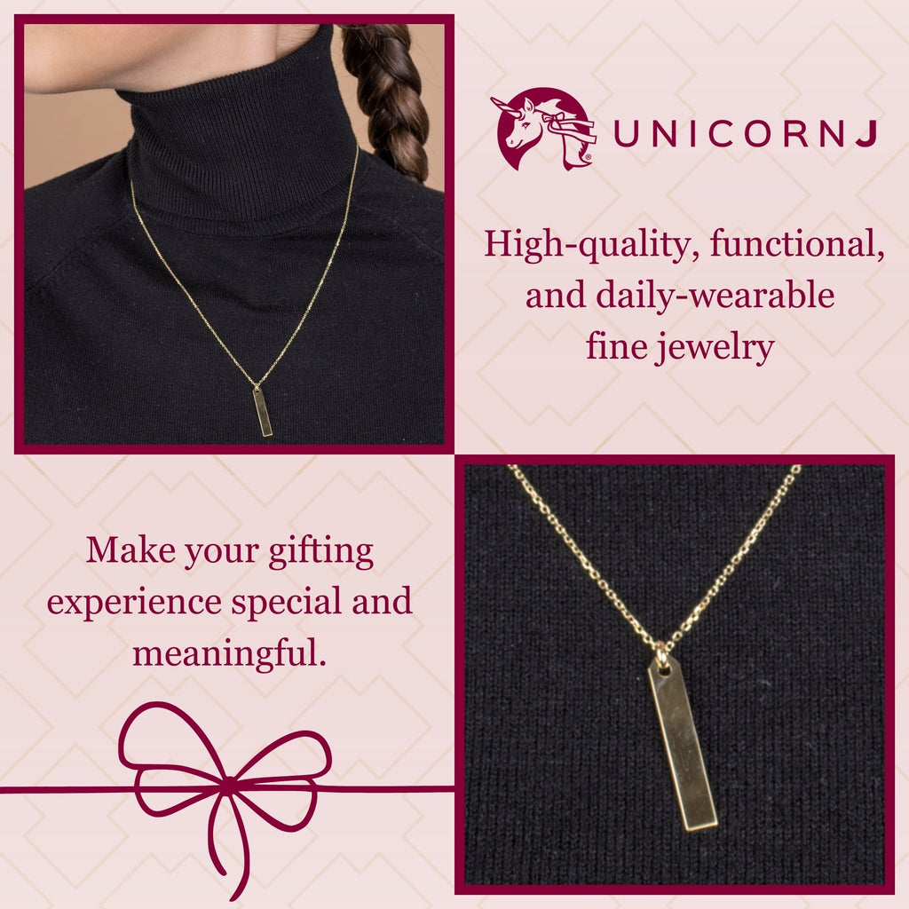 14K Yellow Gold Engravable Personalized Vertical Bar Pendant Necklace Polished Shiny on Cable Chain