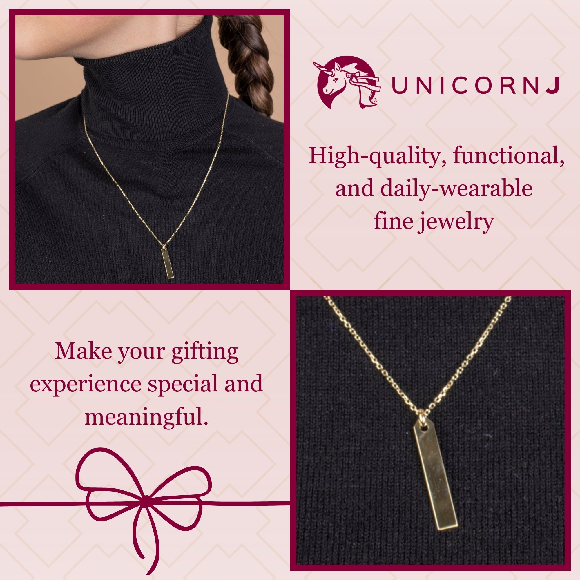 14K Yellow Gold Engravable Personalized Vertical Bar Pendant Necklace Polished Shiny on Cable Chain