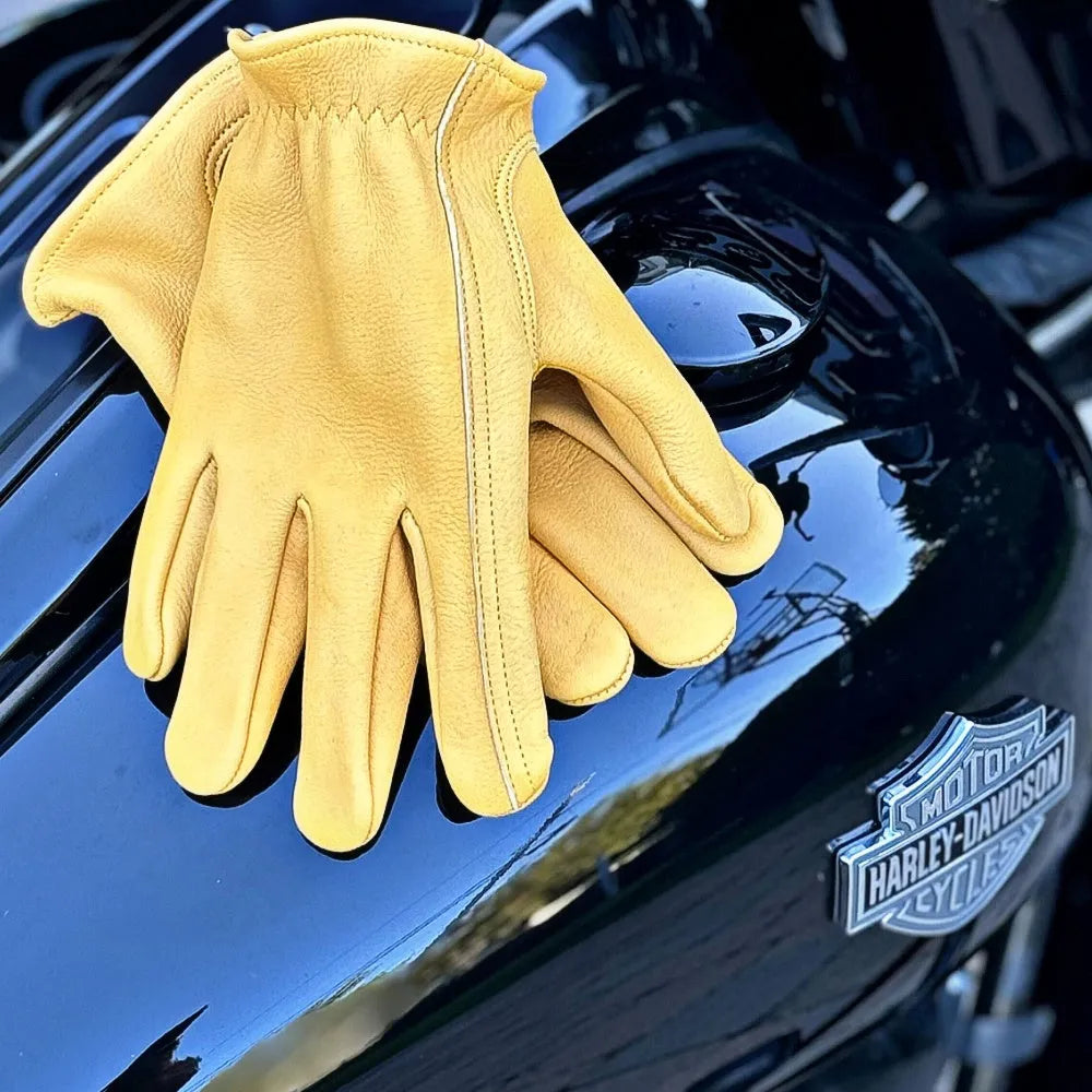 Legendary Gold Deerskin Leather Short Wrist Motorcycle Gloves