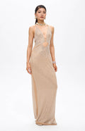 Vena Embellished Cut-Out Crystal Maxi Dress Beige