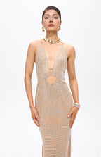 Vena Embellished Cut-Out Crystal Maxi Dress Beige