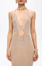 Vena Embellished Cut-Out Crystal Maxi Dress Beige