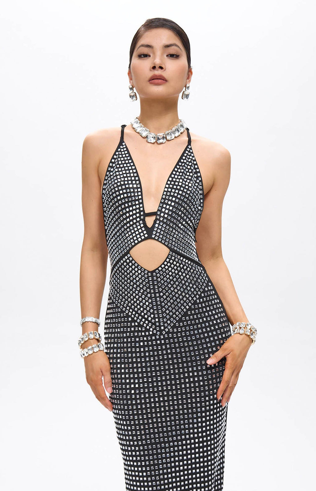 Vena Embellished Cut-Out Crystal Maxi Dress Black