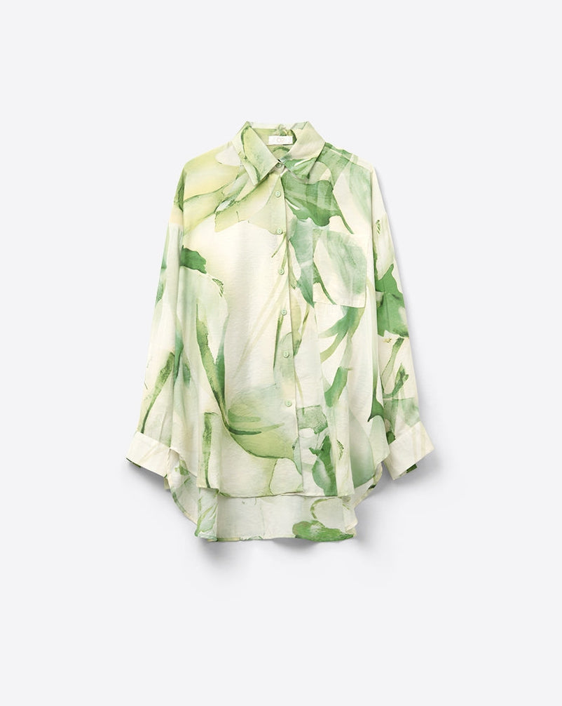 Watercolor Print Button-Down Blouse in Green