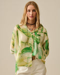 Watercolor Print Button-Down Blouse in Green