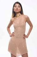 Wena Rhinestone Mesh Sparkle Mini Dress Nude