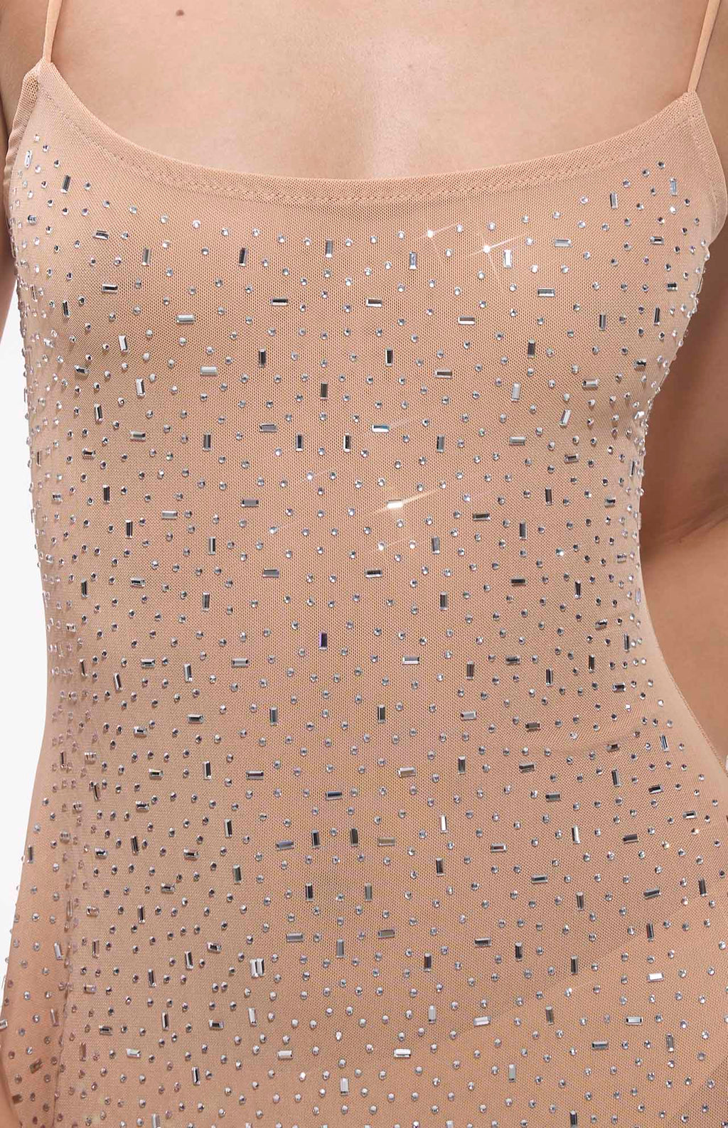 Wena Rhinestone Mesh Sparkle Mini Dress Nude