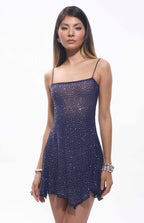 Wena Crystal Mesh Sparkle Mini Dress Blue