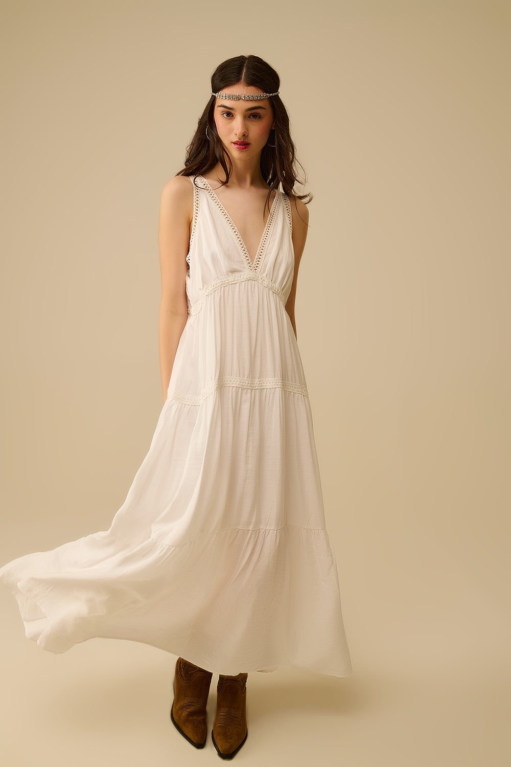 White Maxi Dress with Lace Details and Boho Style