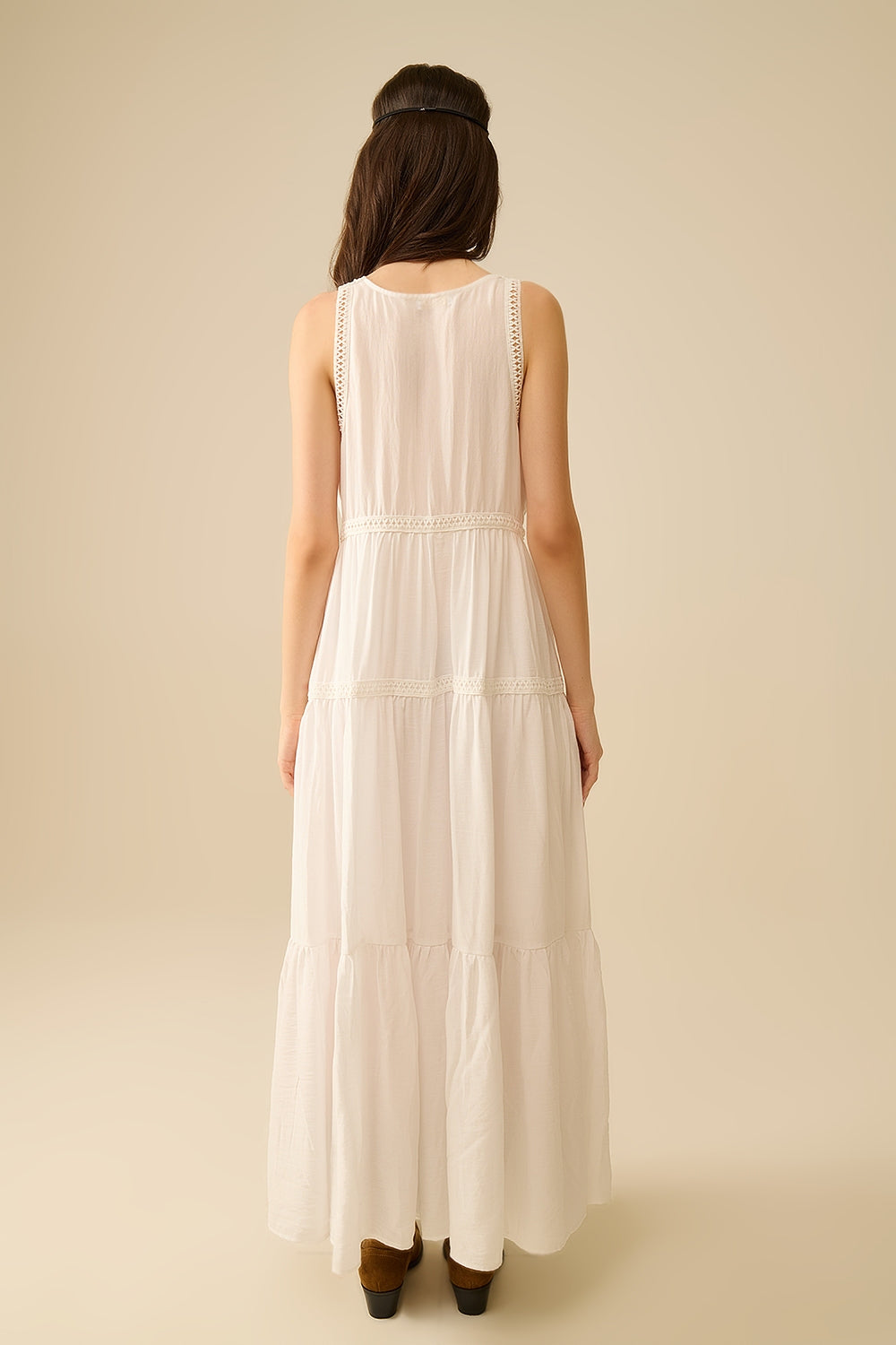 White Maxi Dress with Lace Details and Boho Style