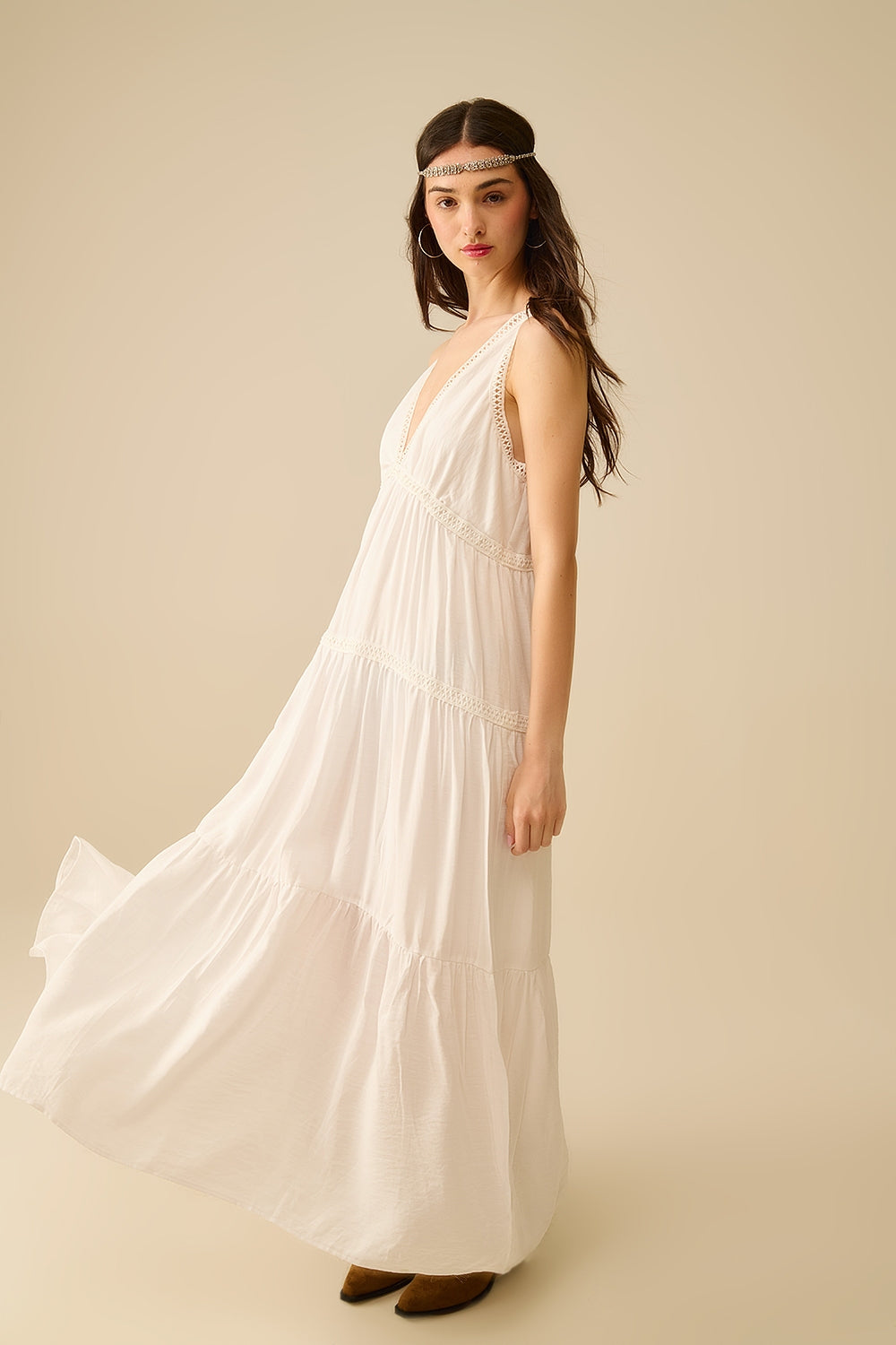 White Maxi Dress with Lace Details and Boho Style