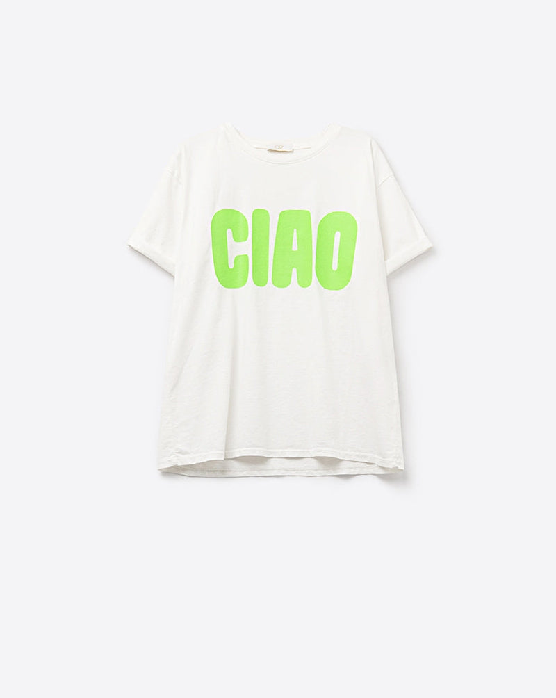 White Relaxed CIAO T-Shirt with Green Letters