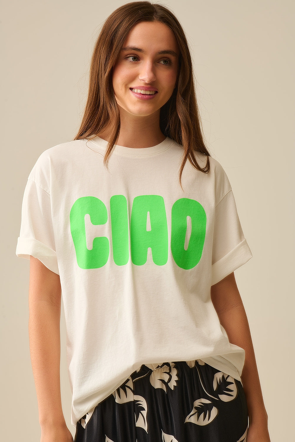 White Relaxed CIAO T-Shirt with Green Letters