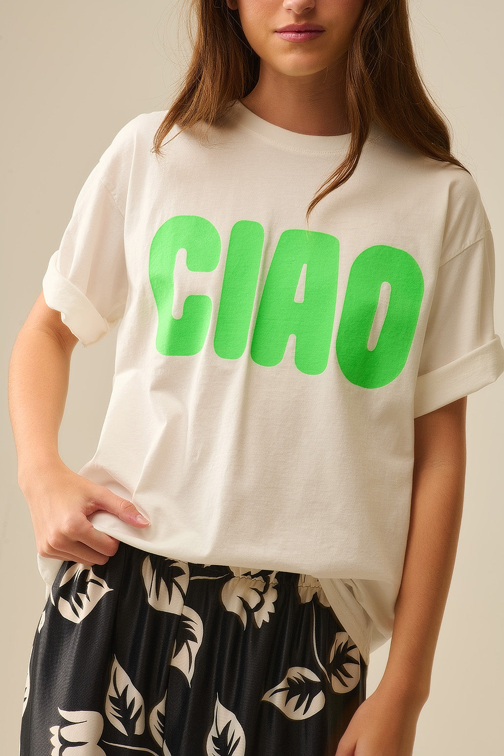 White Relaxed CIAO T-Shirt with Green Letters