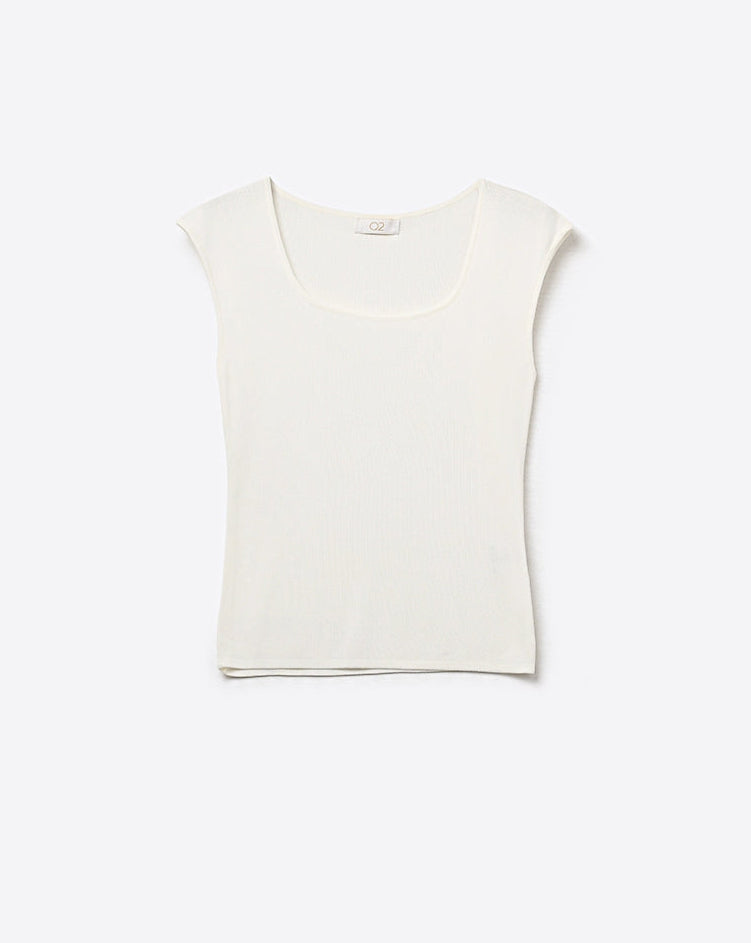 White Ribbed Knit Scoop Neck Sweater in Lightweight Knit