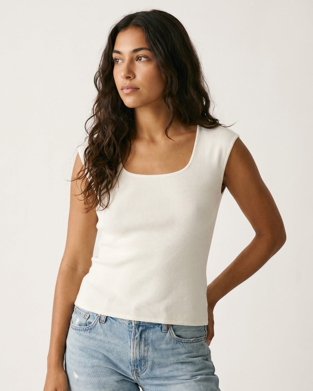 White Ribbed Knit Scoop Neck Sweater in Lightweight Knit