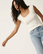 White Ribbed Knit Scoop Neck Sweater in Lightweight Knit