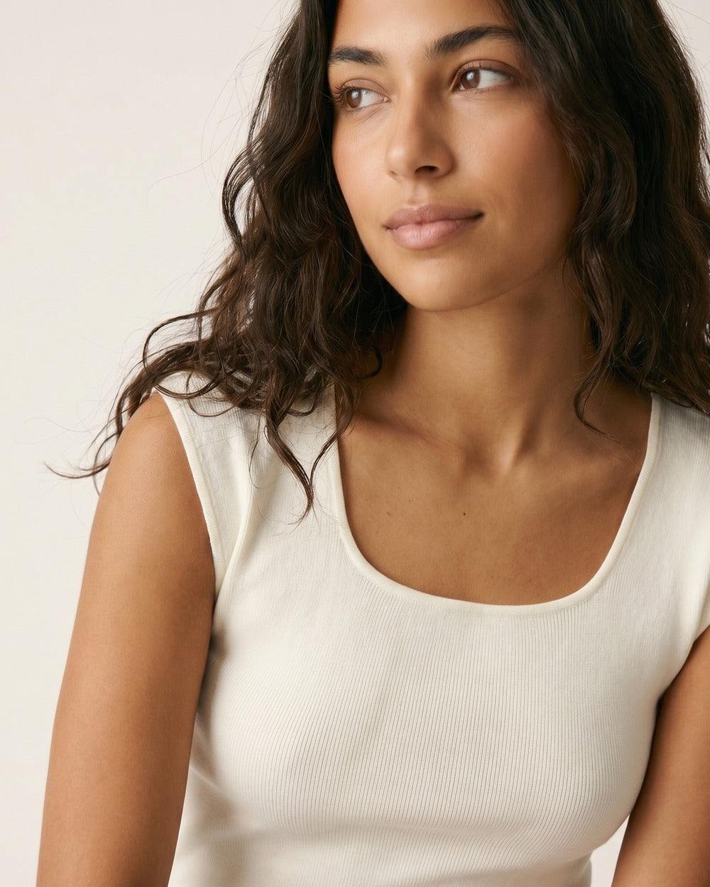 White Ribbed Knit Scoop Neck Sweater in Lightweight Knit
