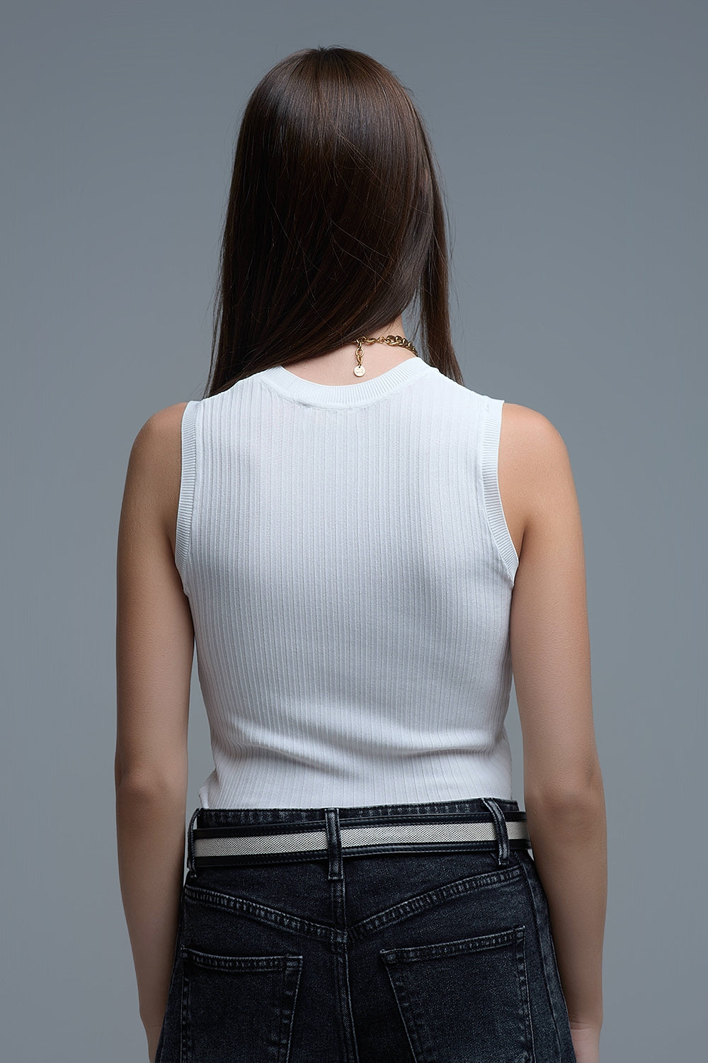 White Sleeveless Ribbed Knitted Top