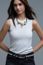 White Sleeveless Ribbed Knitted Top