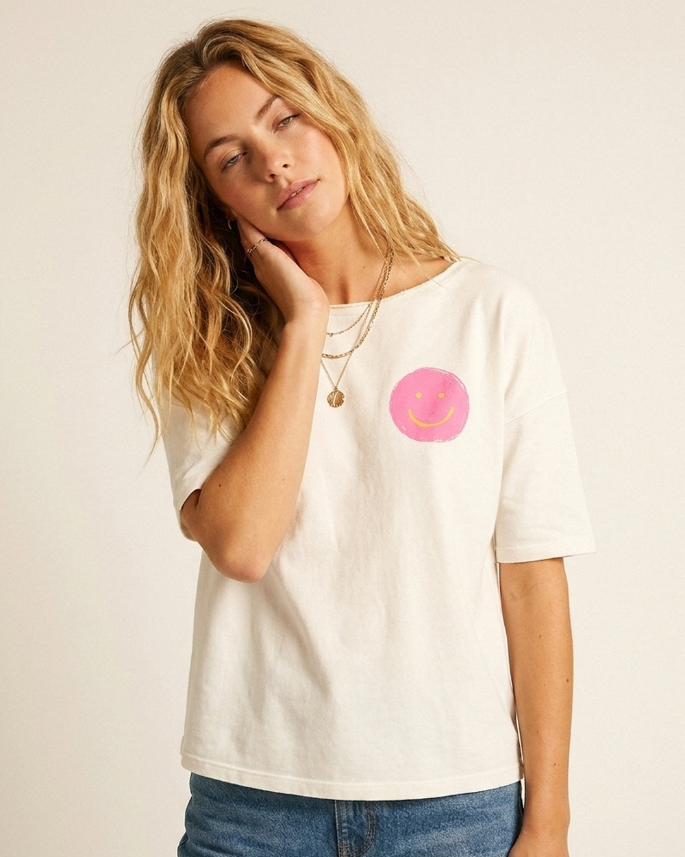 White Smiley Face Casual Short Sleeve Sweatshirt
