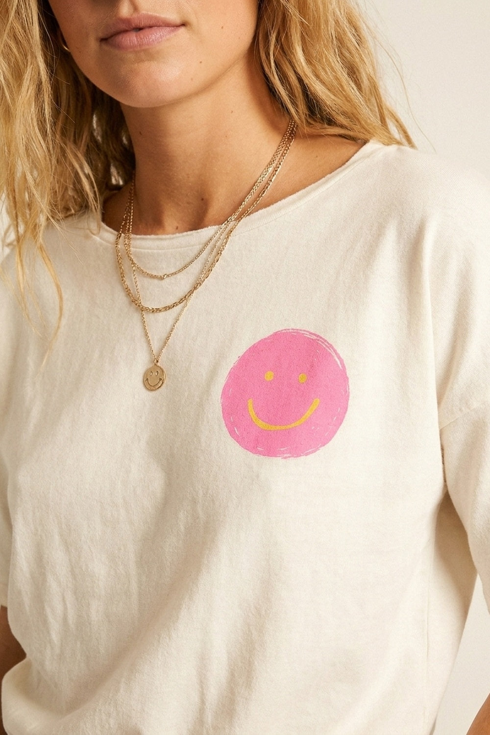 White Smiley Face Casual Short Sleeve Sweatshirt