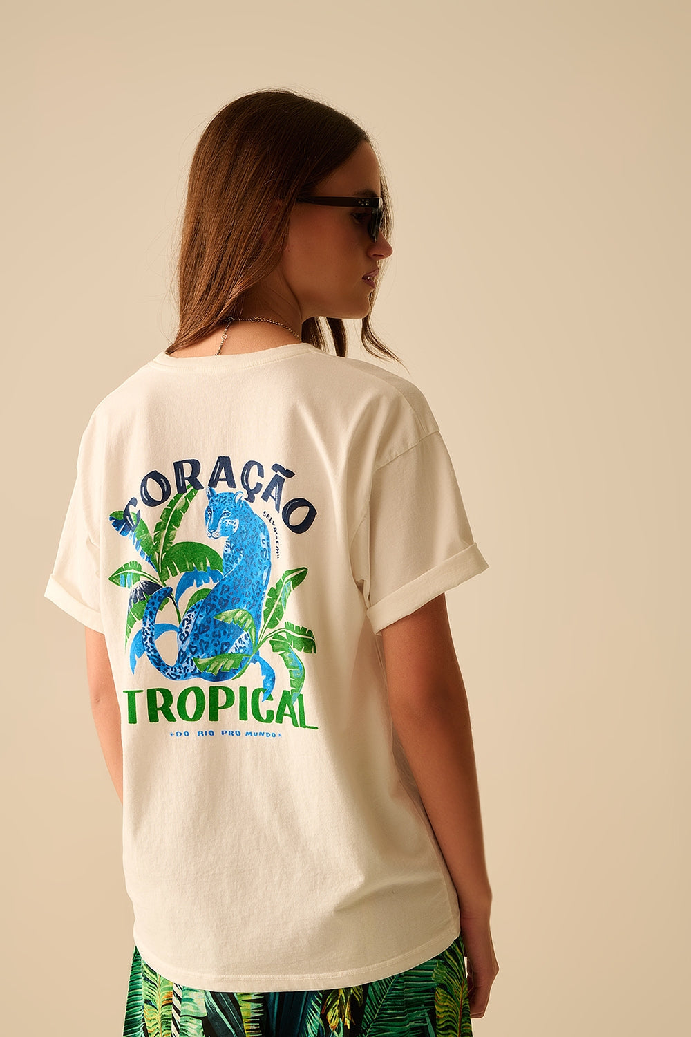 White T-Shirt with Tropical Graphic Print