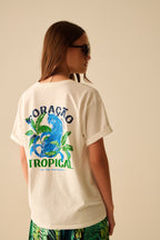White T-Shirt with Tropical Graphic Print