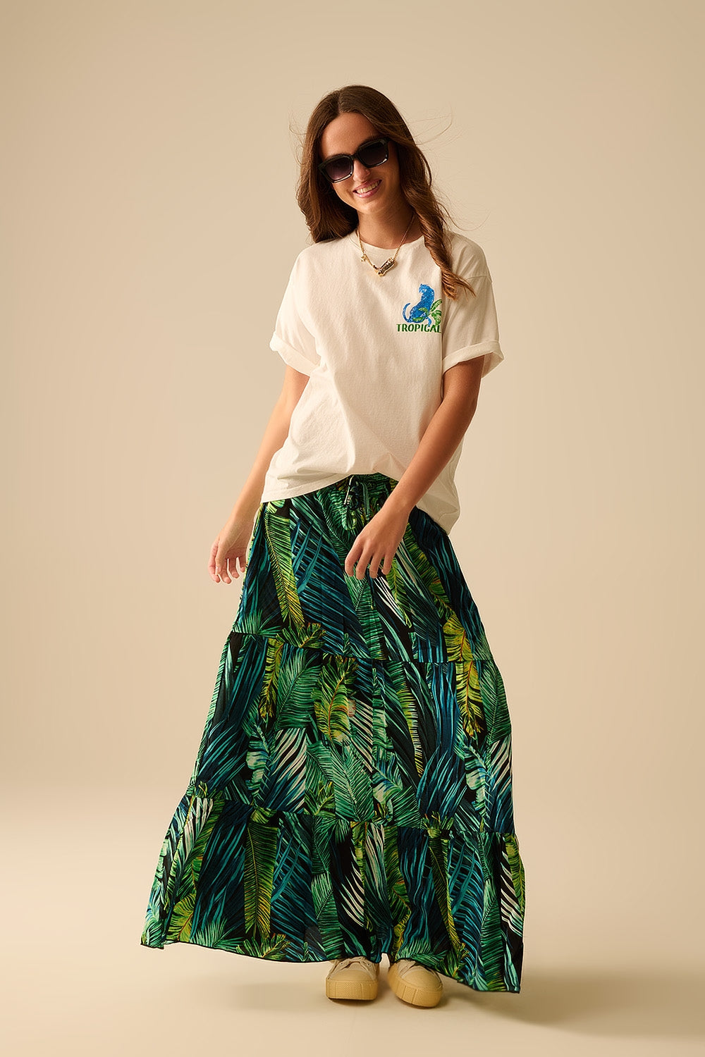 White T-Shirt with Tropical Graphic Print