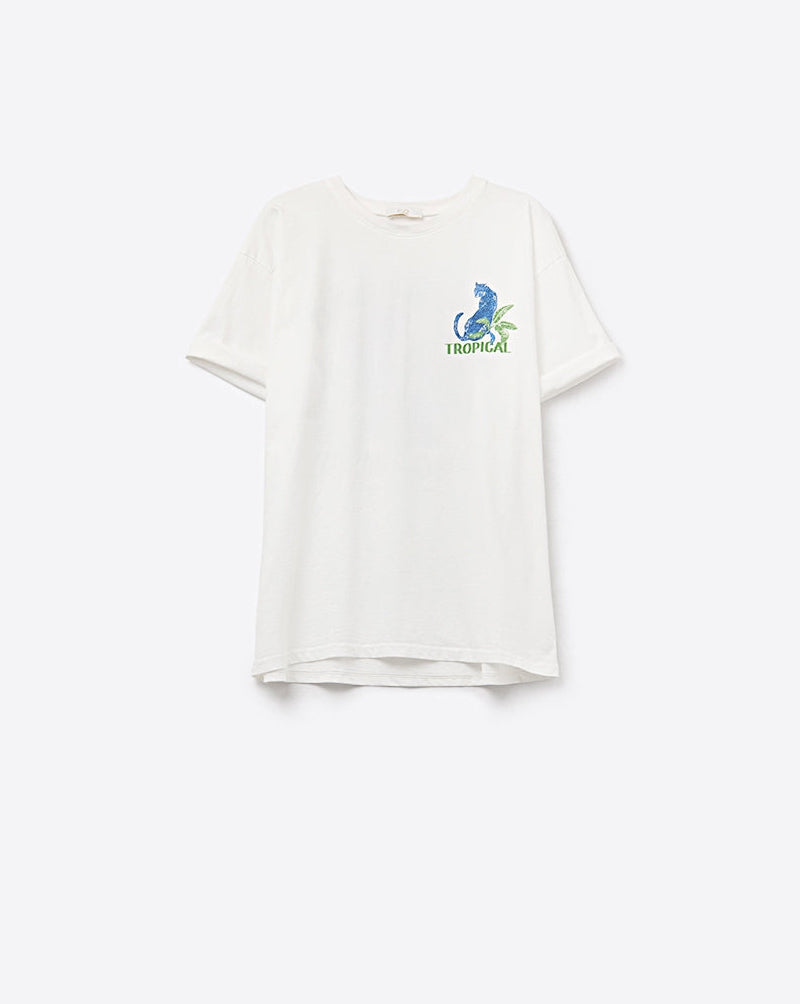 White T-Shirt with Tropical Graphic Print