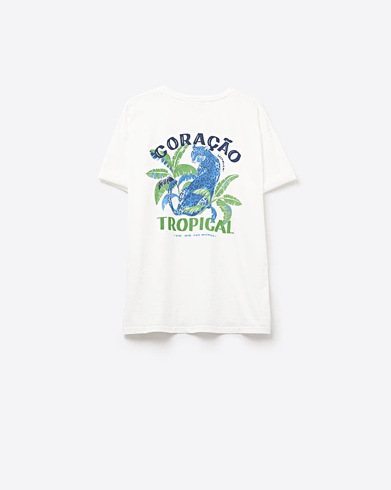 White T-Shirt with Tropical Graphic Print