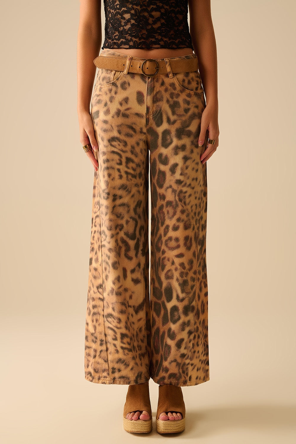 Wide-Leg Tiger Print Pants with Double Side Seams