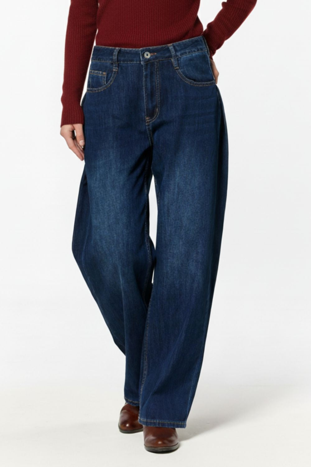 Wide Leg Jeans with Side Dart Detail in Deep Blue