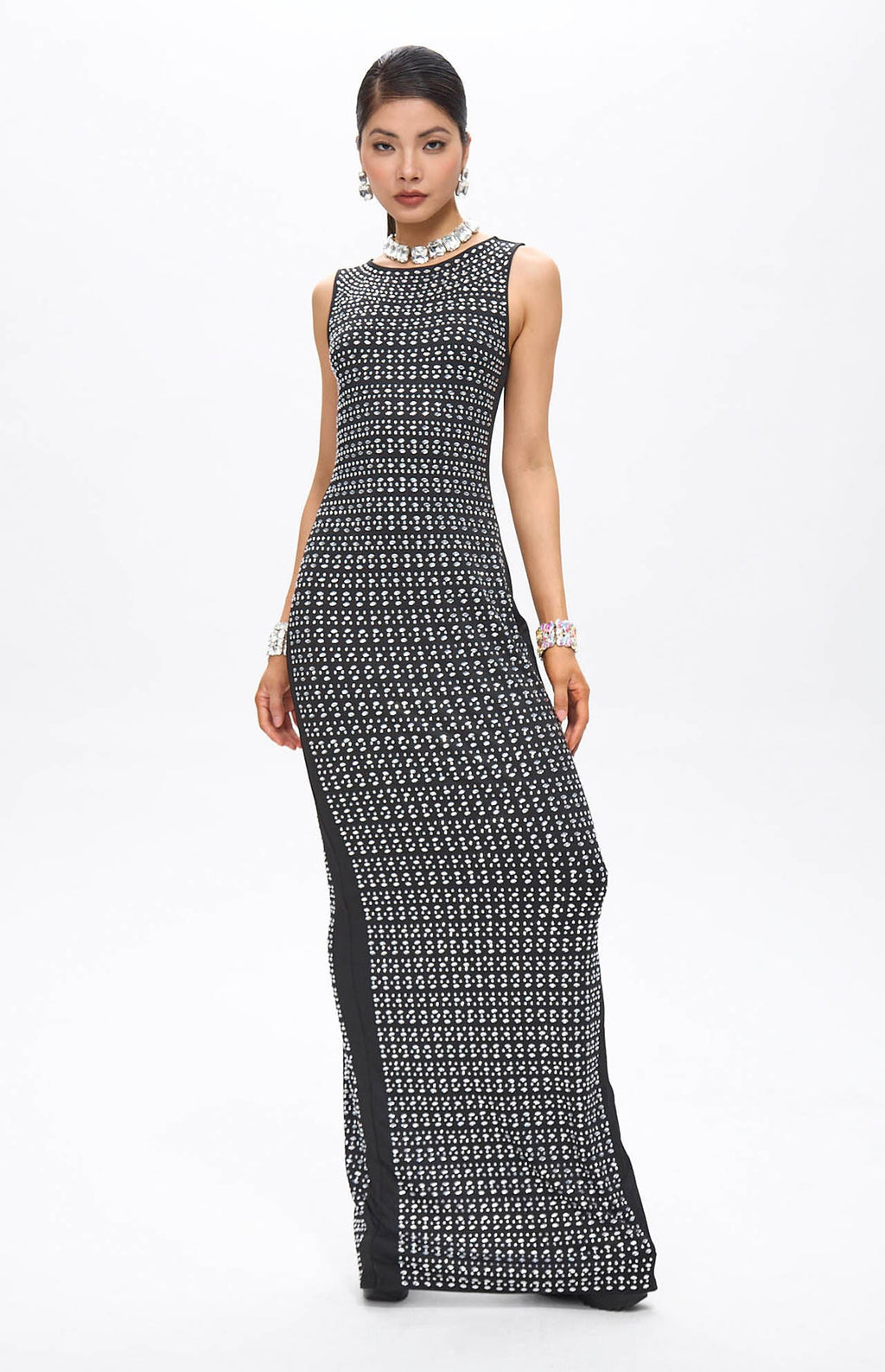 Woba Embellished Crystal Maxi Dress Black