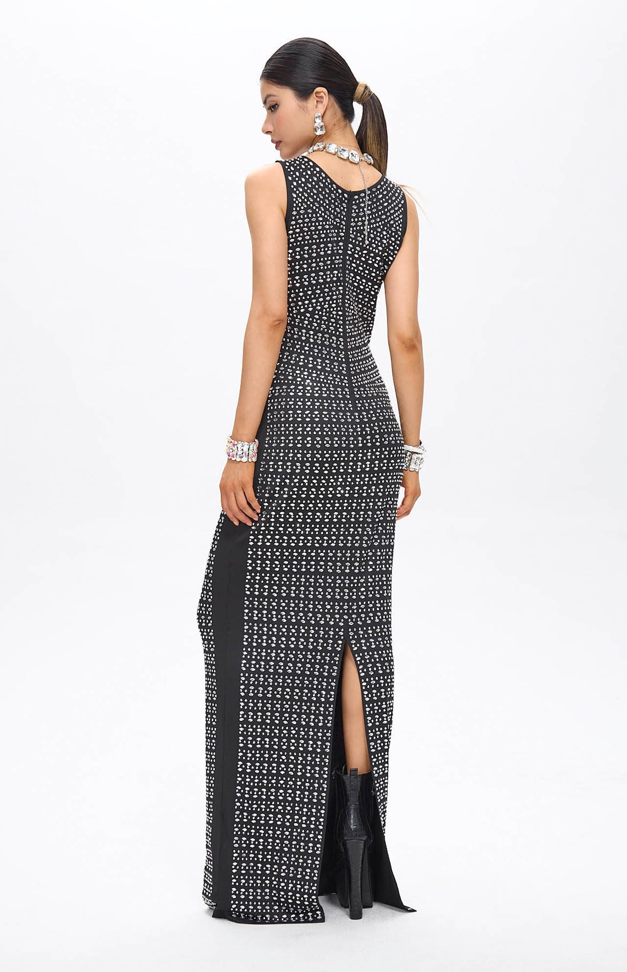 Woba Embellished Crystal Maxi Dress Black
