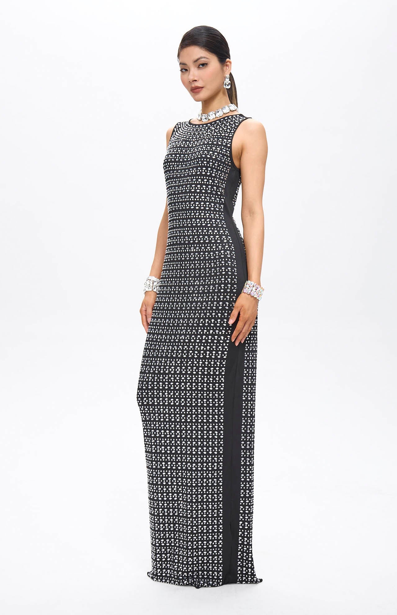 Woba Embellished Crystal Maxi Dress Black
