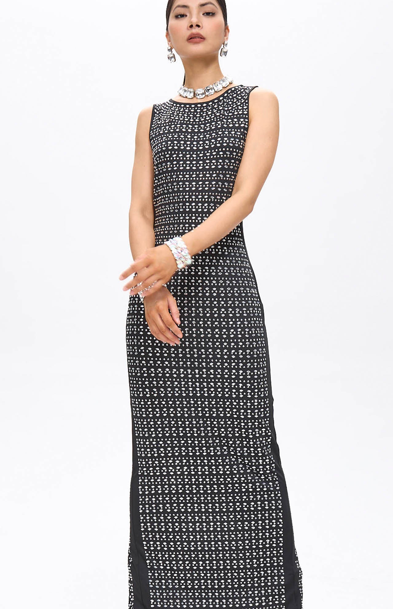 Woba Embellished Crystal Maxi Dress Black