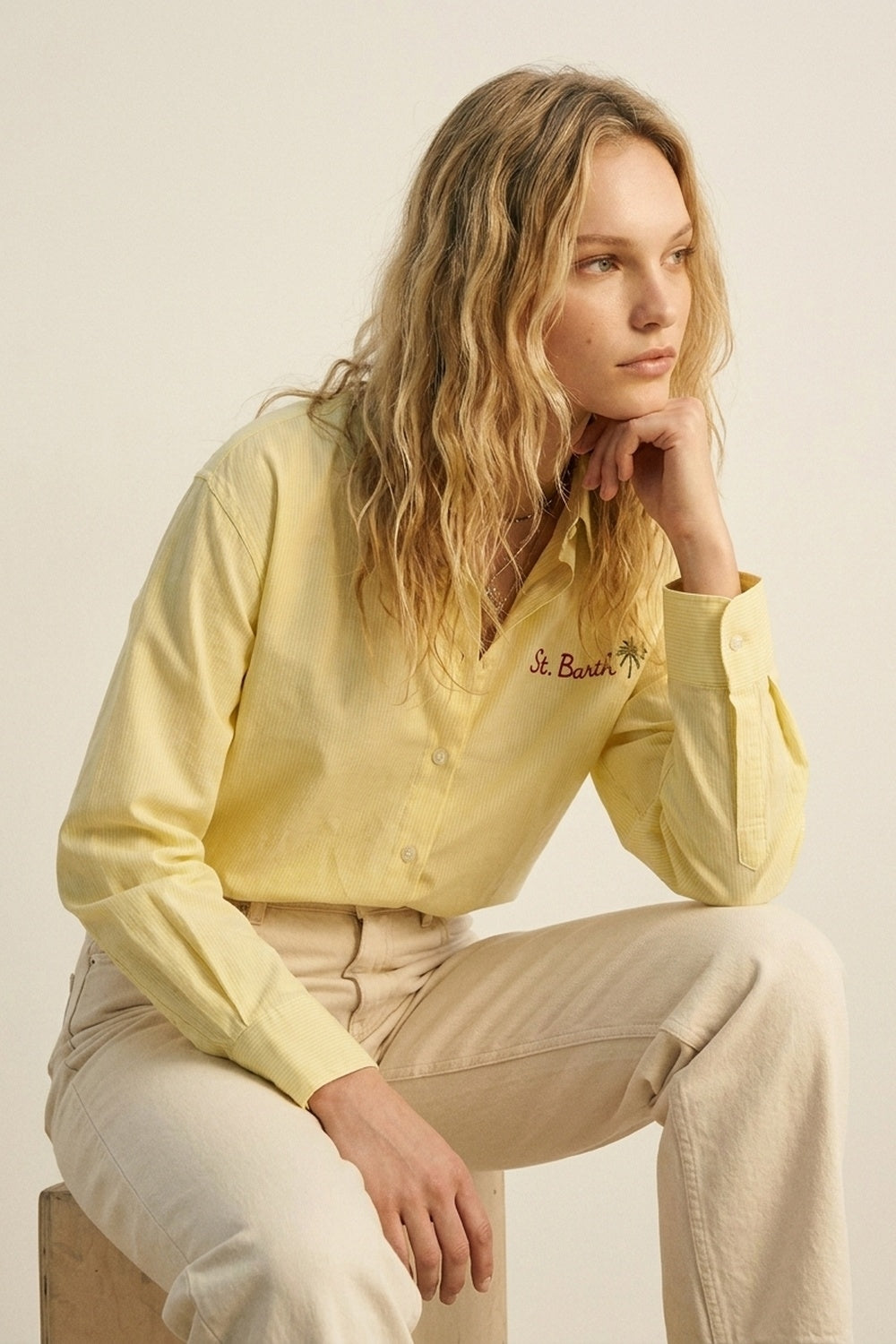Yellow Button-Up Striped Shirt with Embroidered Detail St Barth