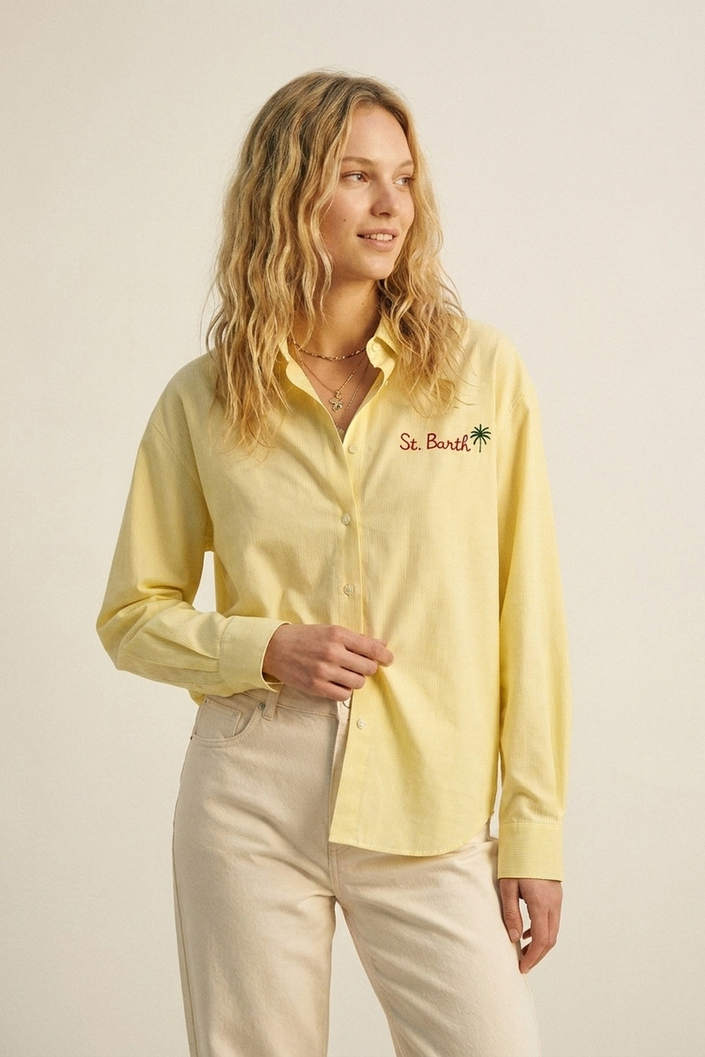 Yellow Button-Up Striped Shirt with Embroidered Detail St Barth