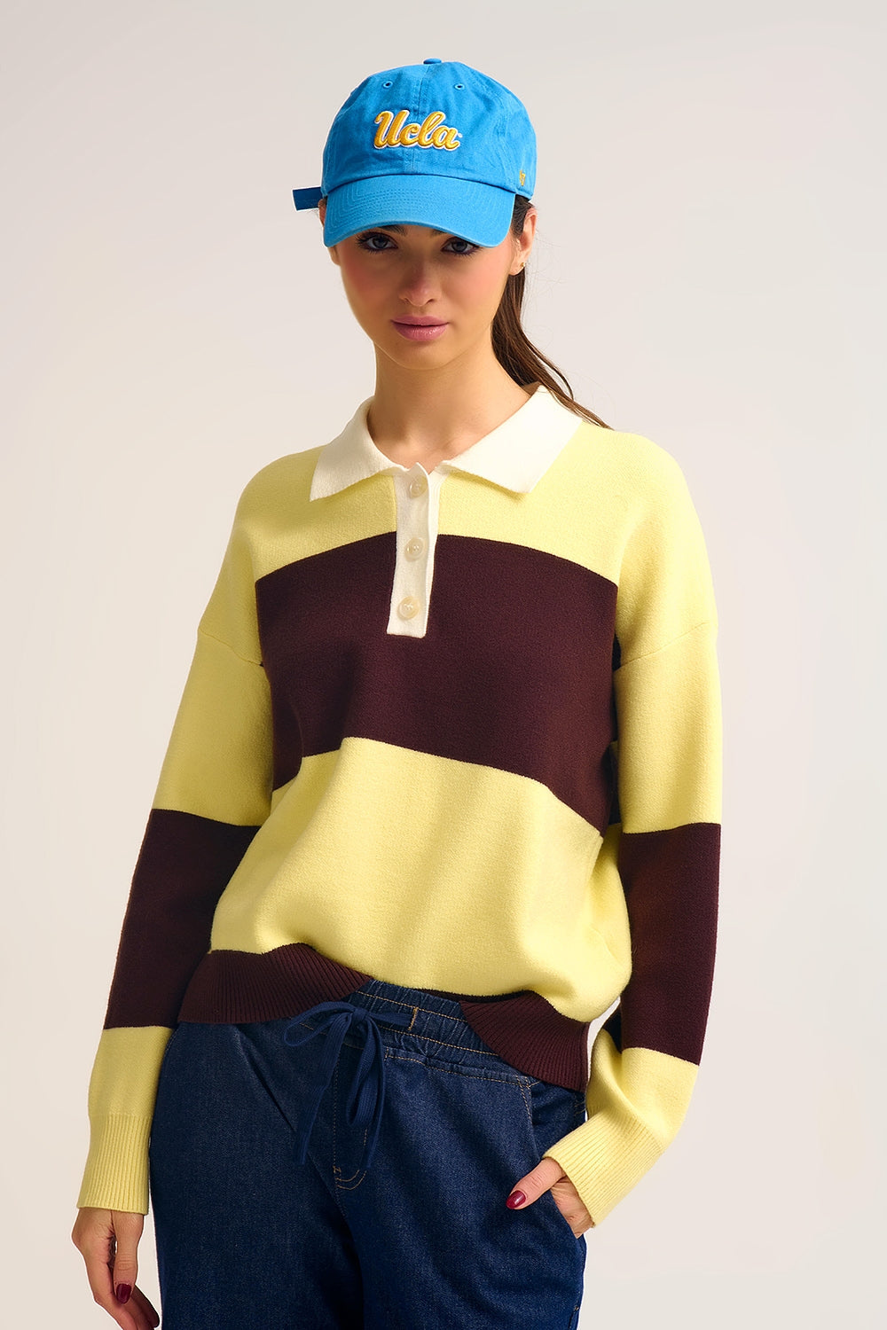 Yellow Knit Polo Sweater with Brown Stripes
