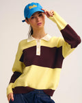 Yellow Knit Polo Sweater with Brown Stripes