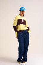Yellow Knit Polo Sweater with Brown Stripes