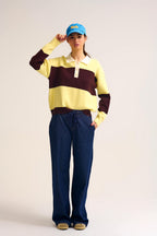 Yellow Knit Polo Sweater with Brown Stripes